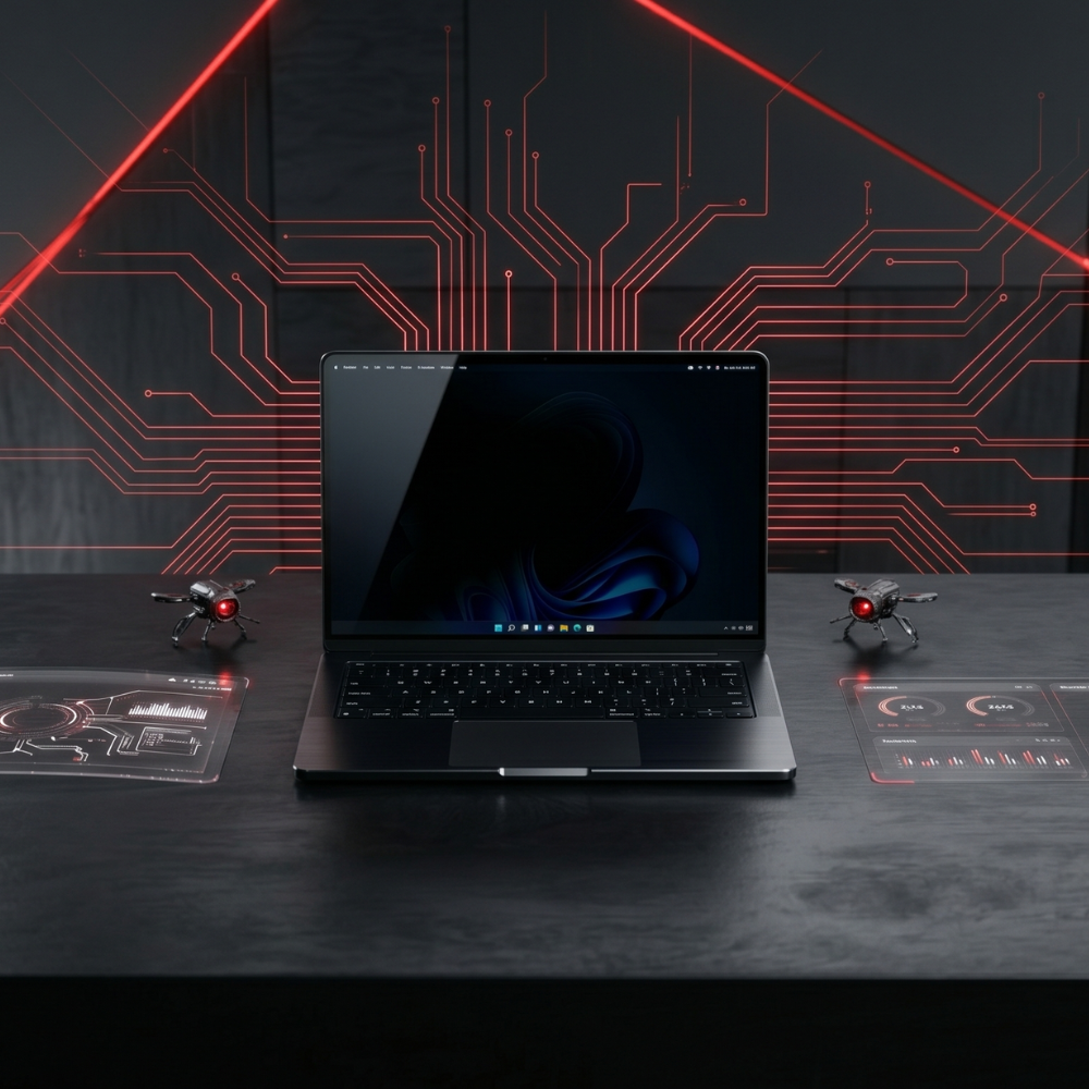 Black laptop on a dark surface with red circuit designs in the background