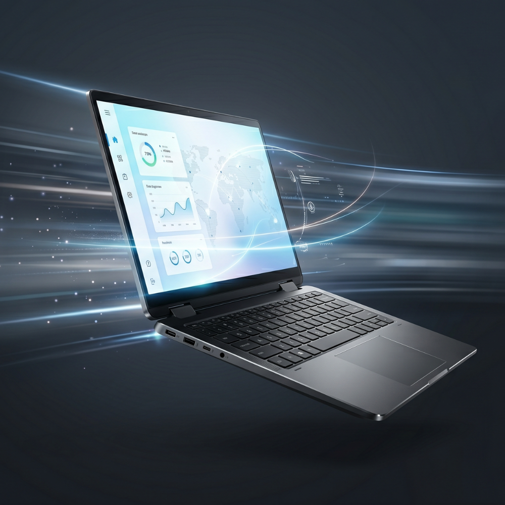 Laptop with a futuristic design on a dark background