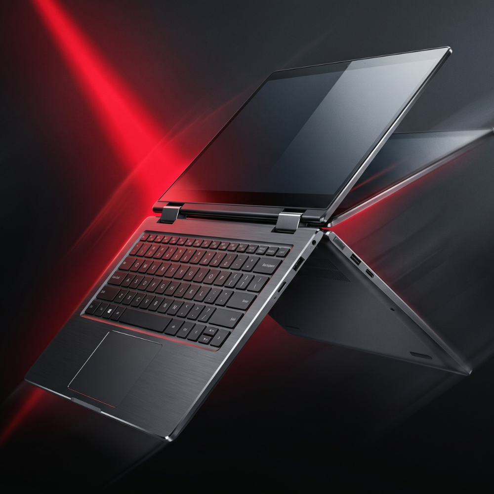 Open laptop with red light effects on a dark background
