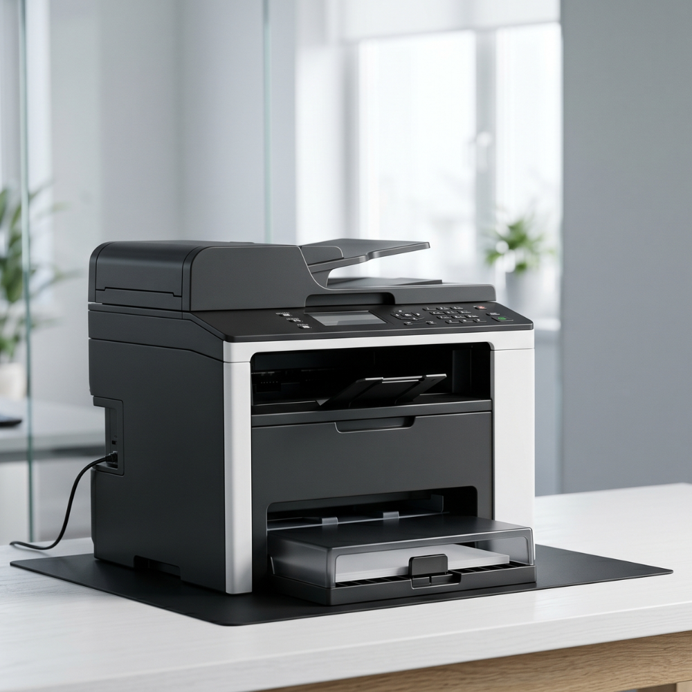 Black and silver printer on a desk with a blurred indoor background