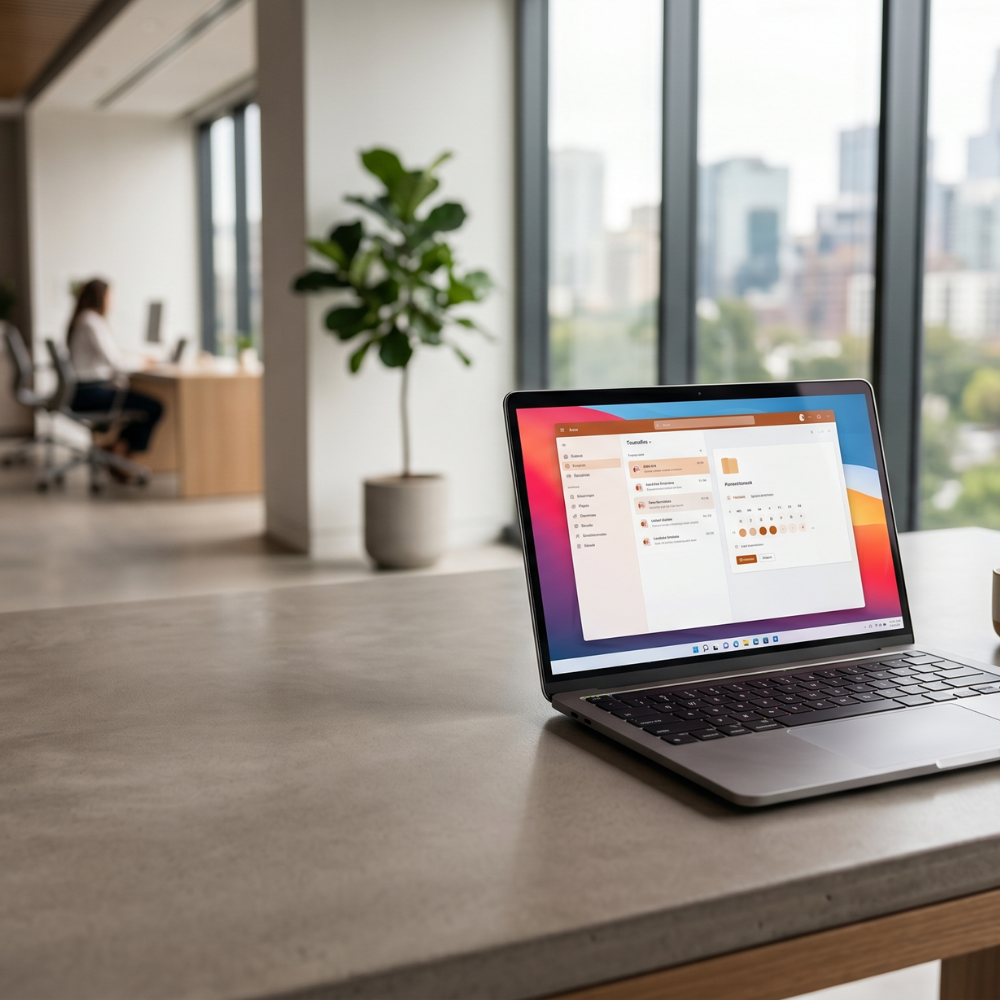 Laptop on a desk in an office with a cityscape view